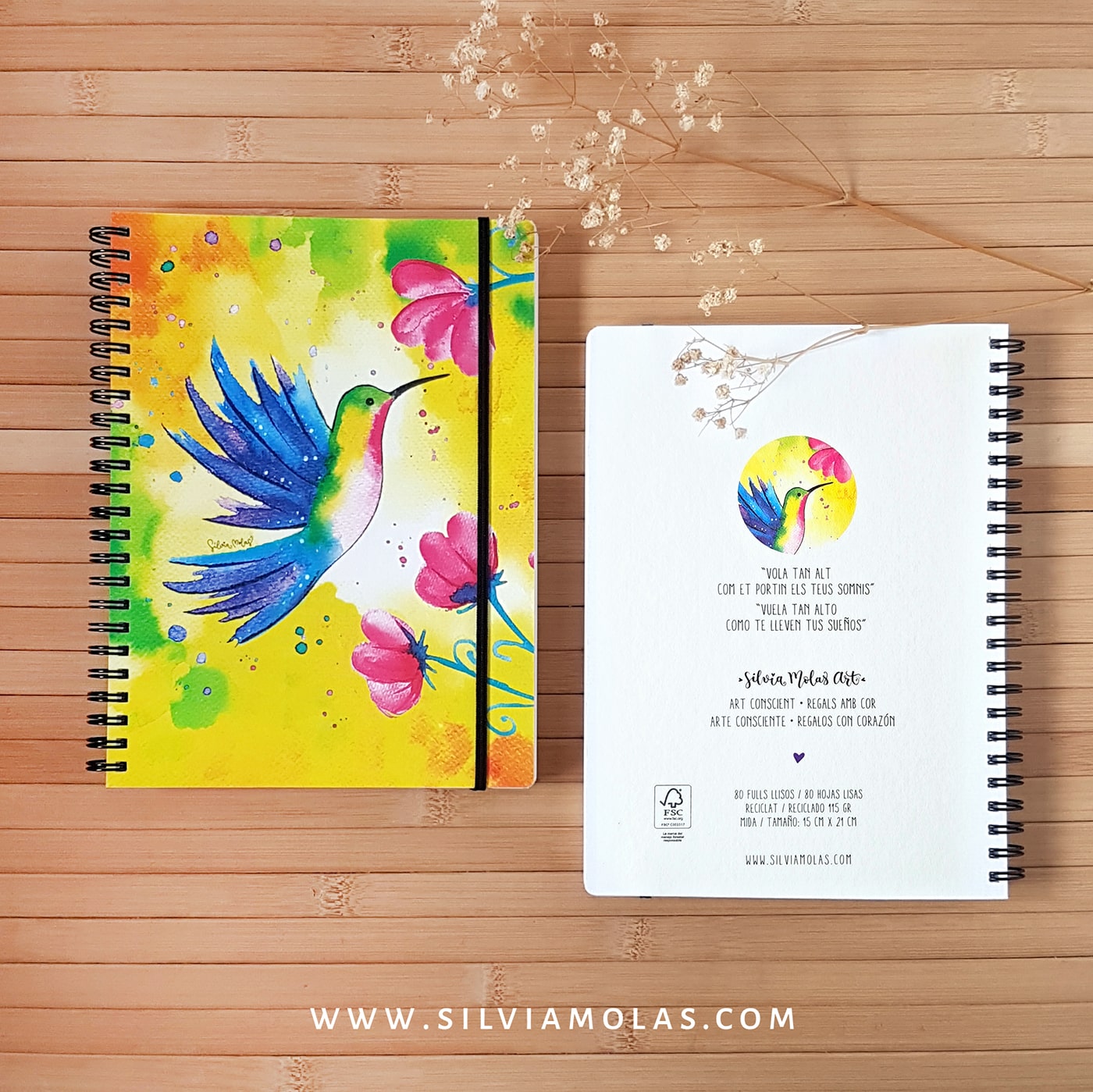 Llibreta A5 (15x21 cm) “Colibrí” Vola tan alt com et portin els teus somnis.