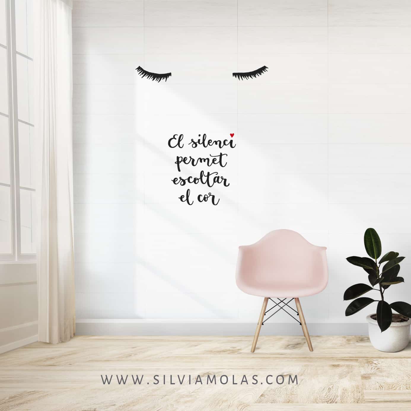 Pink chair and a plant against a wall mockup